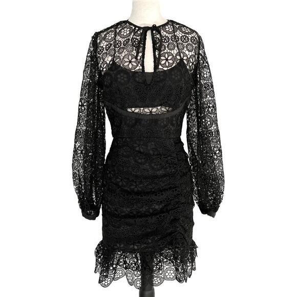 Self-Portrait Black Circle Guipure Lace Long Sleeve Mini Dress Size 4 - Picture 2 of 8
